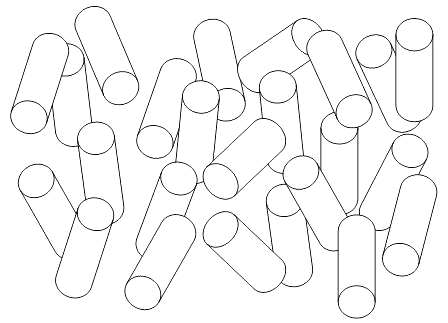 Niedermolekularer "nematischer" Flüssigkristall, Vorzugsorientierung der stäbchenförmigen Moleküle (oder Molekülaggregate), keine Positionsfernordnung.